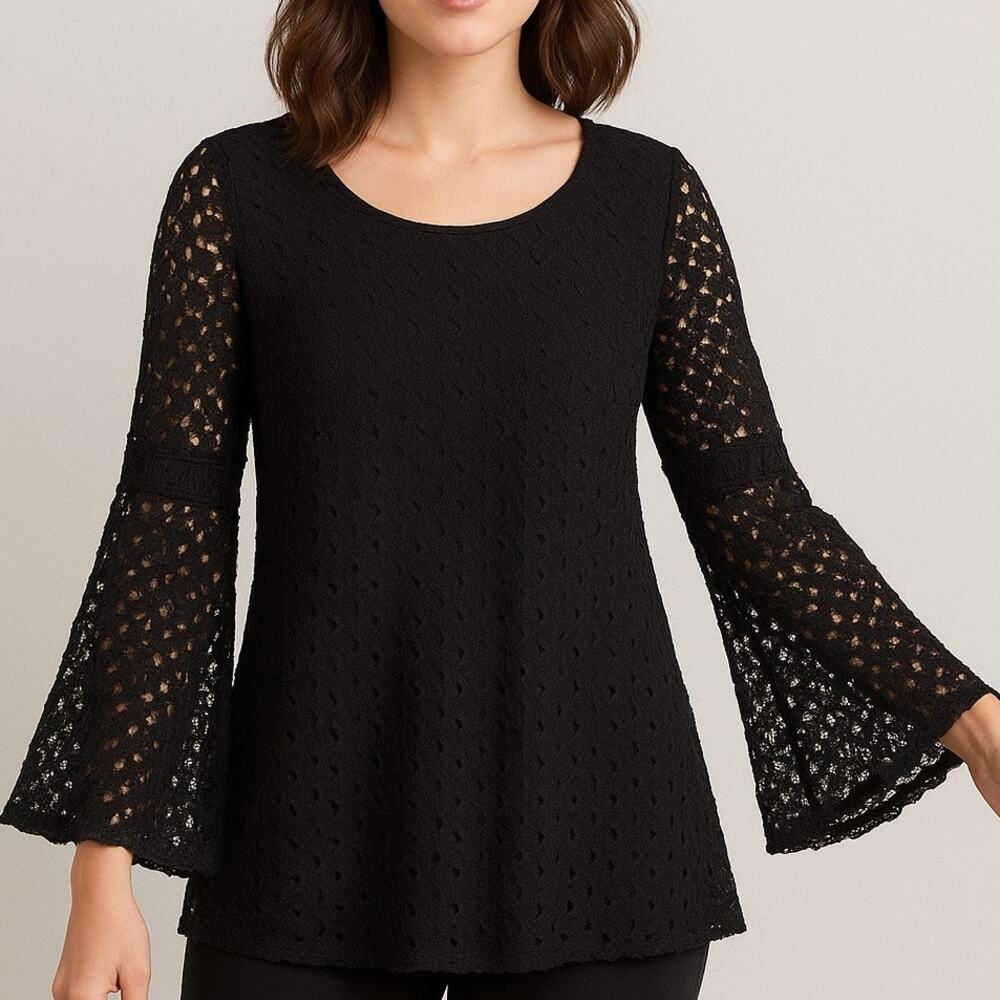 Vintage 90s Black Open Weave Long Sleeve Blouse Womens Medium Boho Bell Sleeves